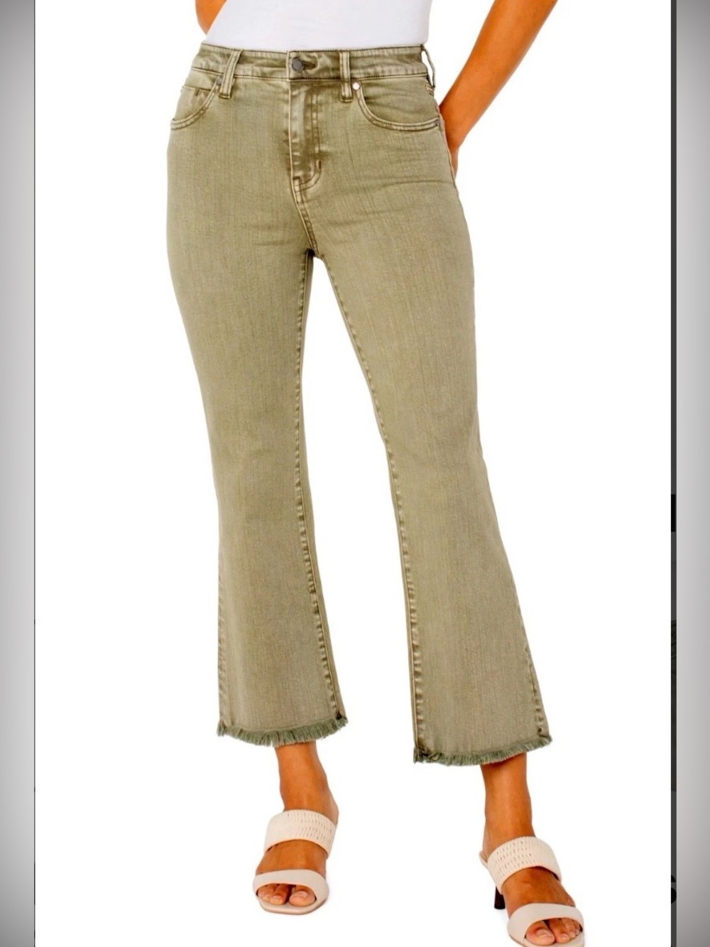 LIVERPOOL HANNAH CROPPED FLARE WITH FRAY HEM OLIVE. Size 16/33. MSRP $109.00
